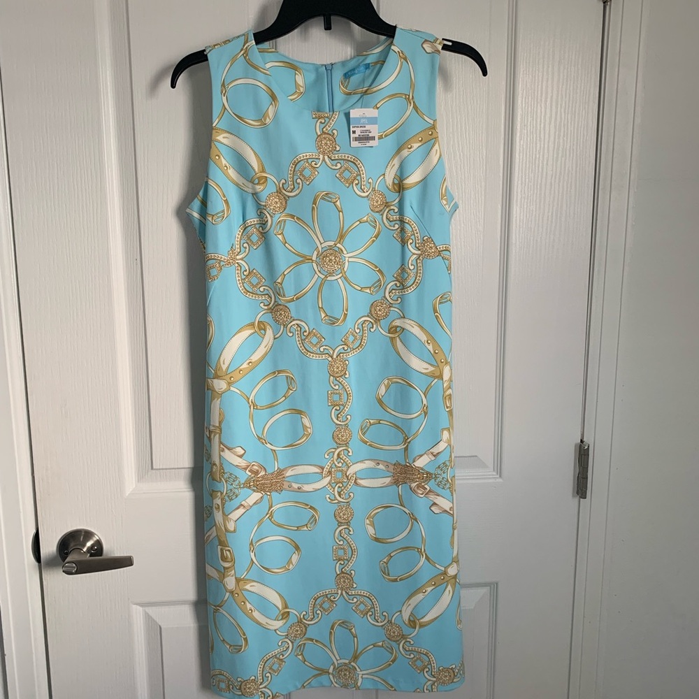#3/42 J. McLaughlin Aqua and Gold Patterned Midi Dress